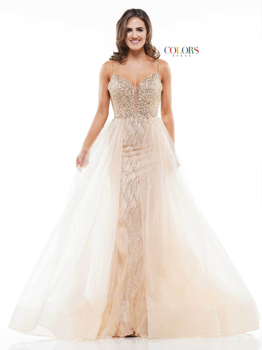 Colors Dress - 2145 Beaded Plunging Sweetheart Overskirt Gown In Neutral and Gold