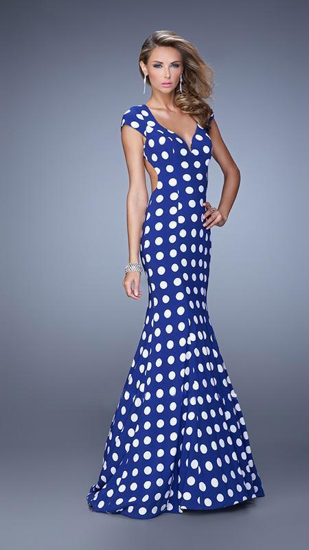 La Femme - 21452 Polka Dot Sweetheart Mermaid Dress in Blue and White