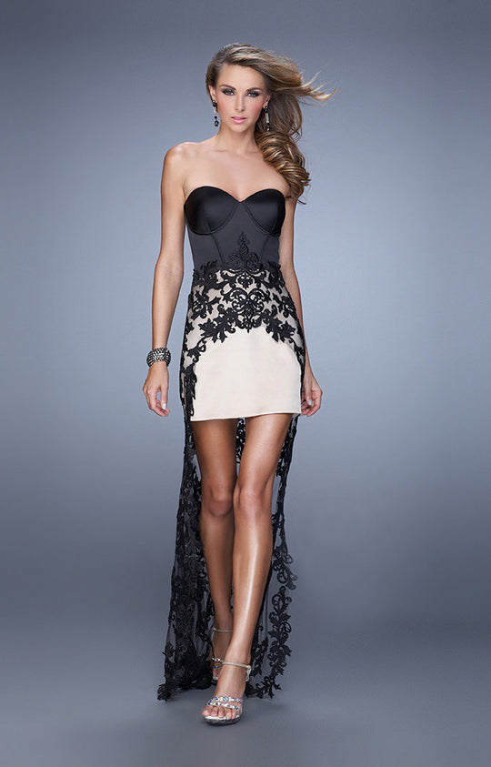 La Femme - 21455 Strapless Structured Lace High Low Dress In Black and Neutral