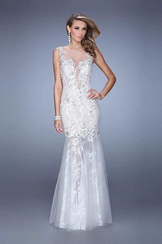 Gigi - 21457 Lace Applique Sleeveless Trumpet Gown In White