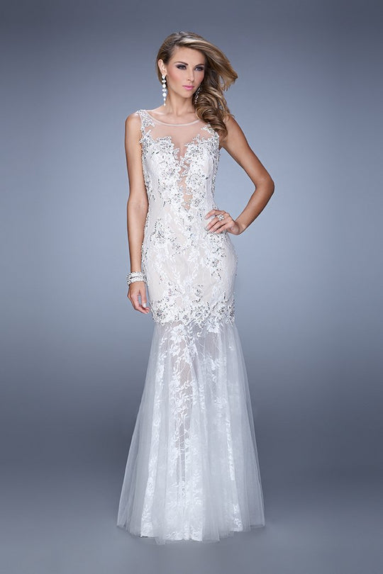 Gigi - 21457 Lace Applique Sleeveless Trumpet Gown In White