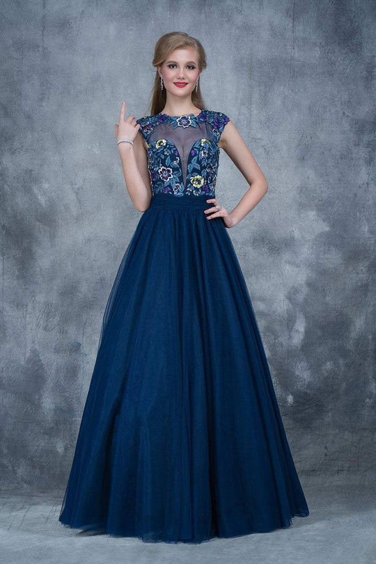 Nina Canacci - 2145 Cap Sleeve Floral Appliqued Evening Gown In Blue