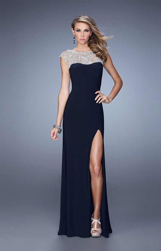 La Femme - 21467 Metallic Embroidered Sheath Dress In Blue
