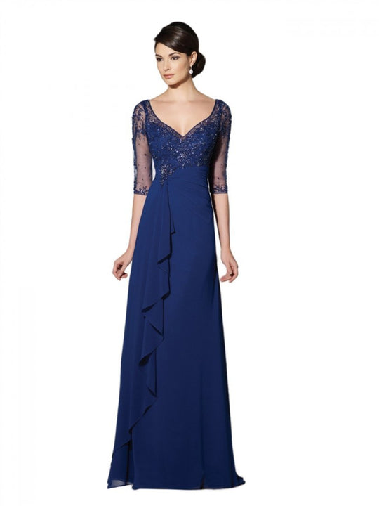 Cameron Blake - 214689W Beaded V-Neck Long Dress In Blue Willow in Blue
