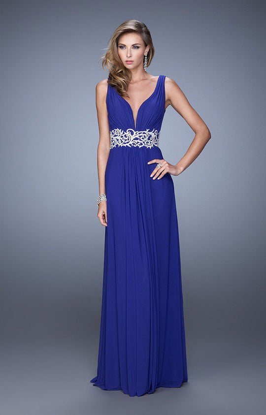 La Femme - 21475 Embroidered V-neck Jersey Dress In Blue