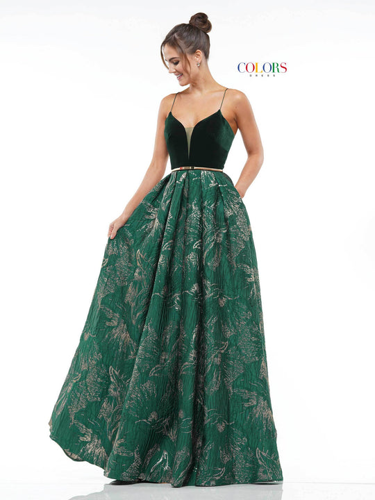 Colors Dress - 2147 Deep V-neck Jacquard A-line Gown In Black and Green
