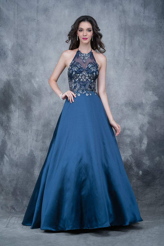 Nina Canacci - 2147 Sheer and Embellished Haltered Gown In Blue