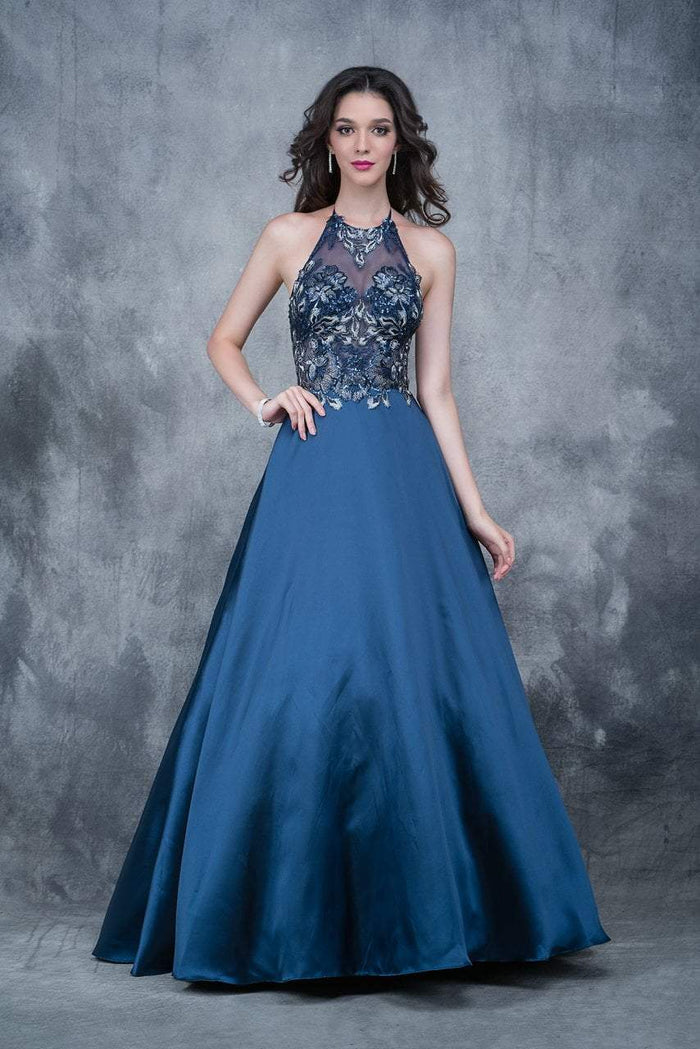 Nina Canacci - 2147 Sheer and Embellished Haltered Gown In Blue