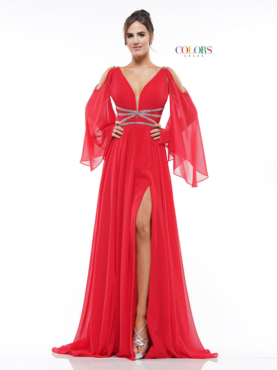 Colors Dress - 2148 Embellished Deep V-neck Chiffon A-line Dress In Red