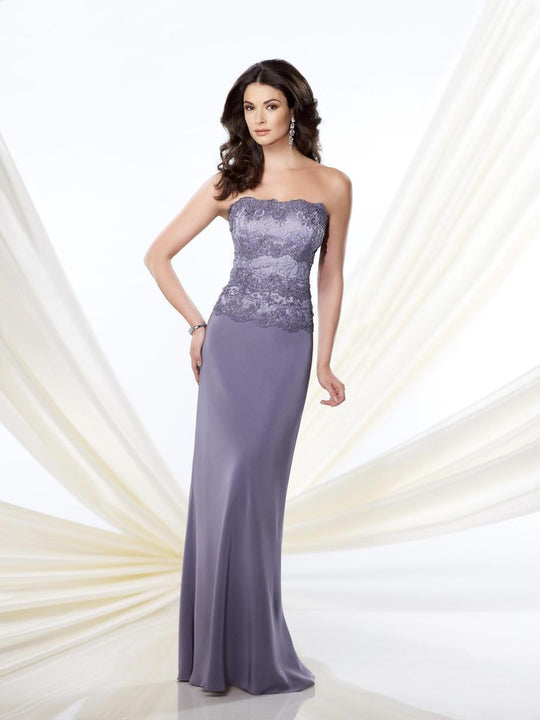 Montage by Mon Cheri - 214942 Strapless Scalloped Lace Long Dress I Blue