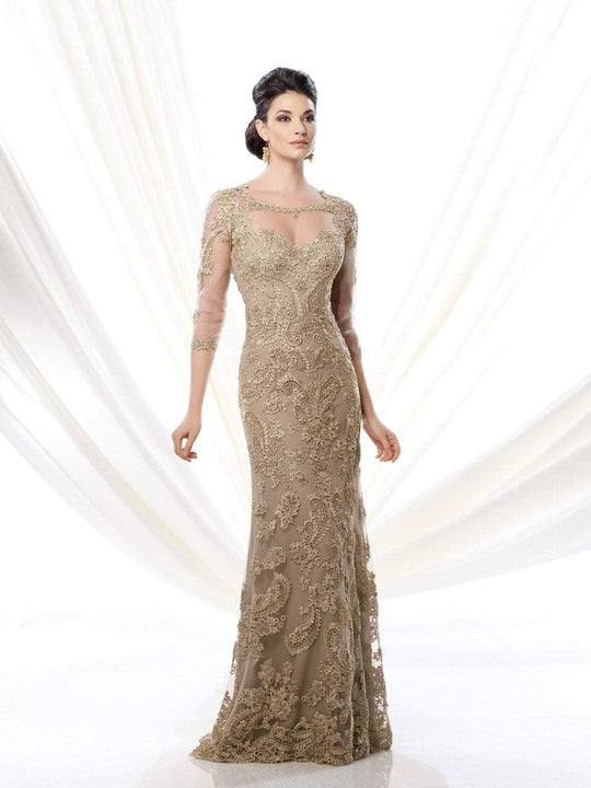 Mon Cheri - 214D61 Quarter Sleeve Lace Illusion Evening Gown I Gold