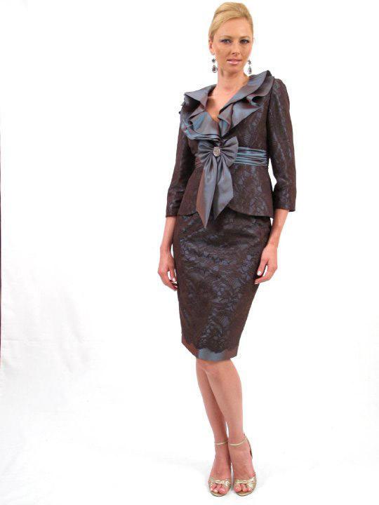 Daymor Couture - 214 Ruffle Trimmed V-Neck Lace Dress  In Purple and Brown