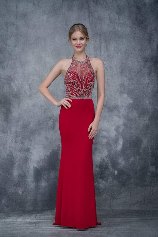 Nina Canacci - 2153 Bedazzled Illusion Halter Sheath Dress In Red