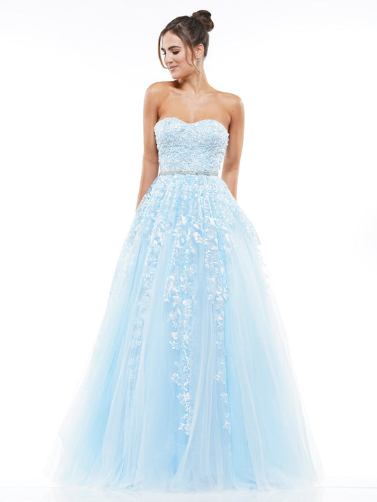 Colors Dress - 2154 Lace Embroidered Strapless Ballgown In Blue