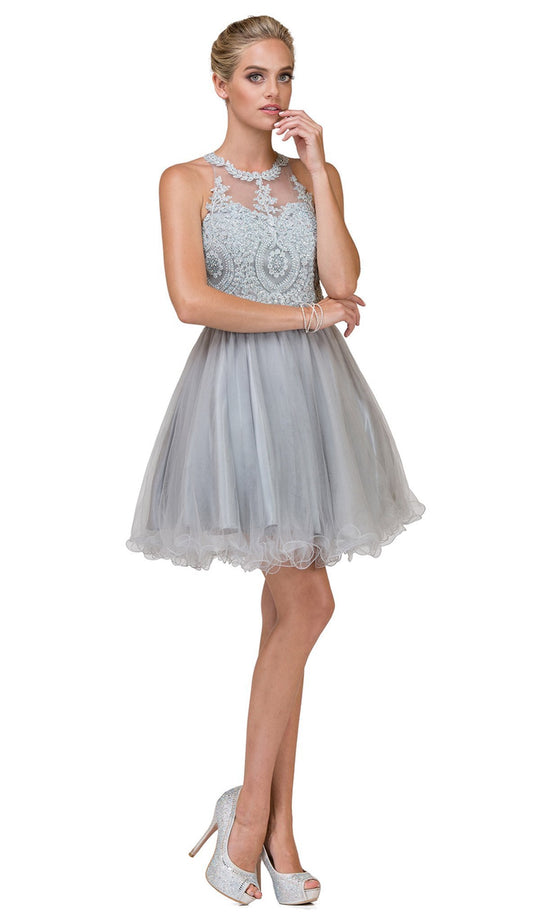 Dancing Queen - 2156 Halter Floral Appliques Tulle Cocktail Dress In Silver