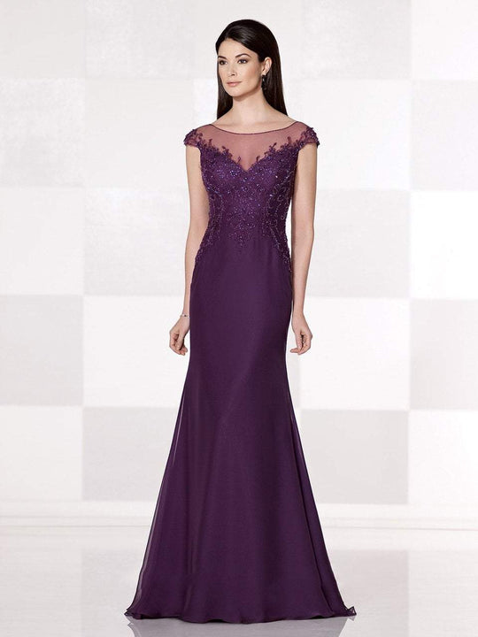 Cameron Blake - Embroidered Cap Sleeves Trumpet Gown 215642 in Purple