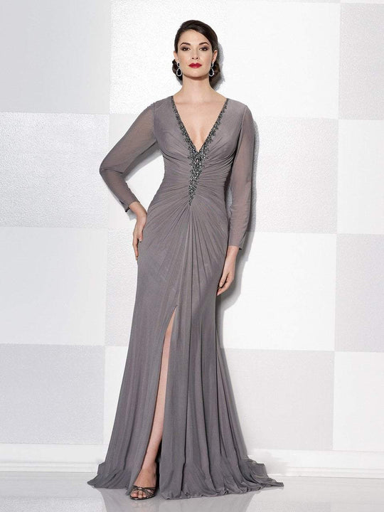 Cameron Blake - Long Sleeves Beaded V Neck Long Dres 215644W in Gray