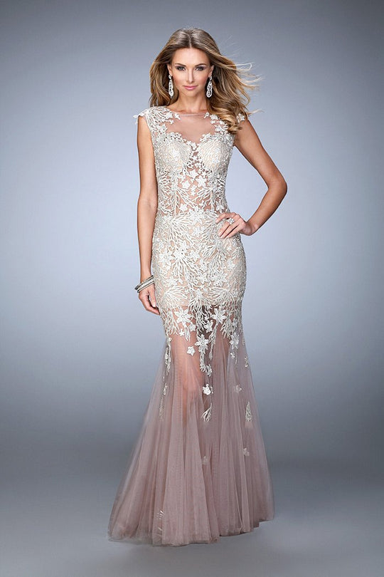 La Femme - 21565 Enchanting Lacy Illusion Mermaid Gown In Silver