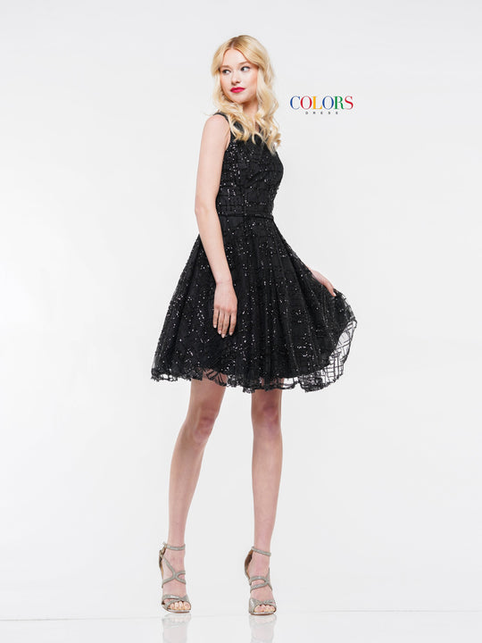 Colors Dress - 2156 Strappy Sequined A-Line Cocktail Dress in Black