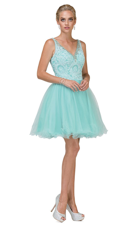 Appliqued Fitted V-Neck Homecoming Dress - ADASA