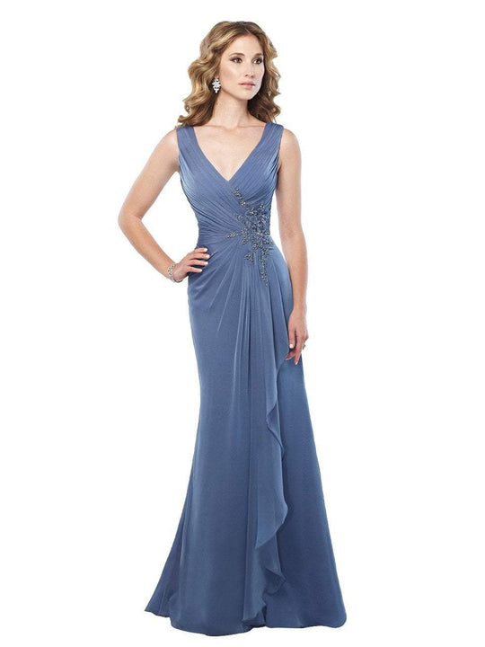 Mon Cheri - 215907 Sleeveless Ruched Cascade Sheath Gown in Blue