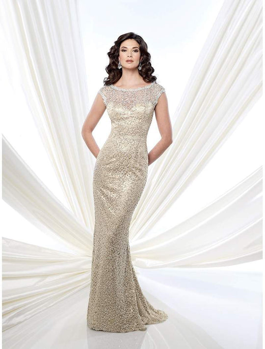 Mon Cheri - 215912 Cap Sleeve Illusion Lace Gown in Silver