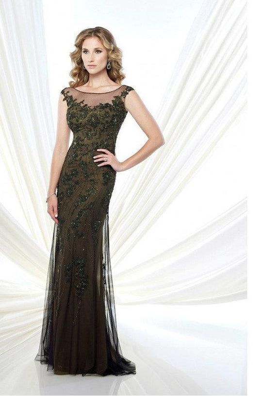 Mon Cheri Lace Appliqued Illusion Bateau Evening Dress - 1 pc Dark Olive In Size 6 Available In Green