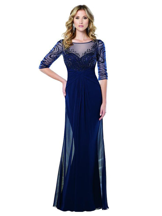 Montage by Mon Cheri - Ruched Beaded Gown in Navy Blue 215919W in Navy Blue