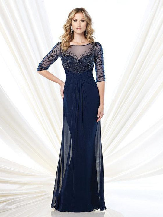 Mon Cheri Hand-beaded Illusion Long Gown in Navy 215919