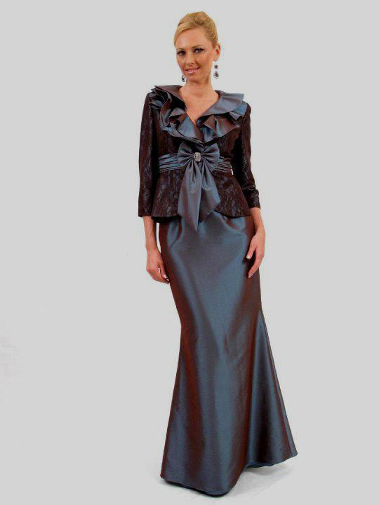 Daymor Couture - Ruffled V-Neck Mermaid Dress 215 in Brown and Blue