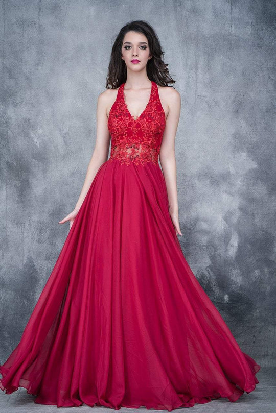 Nina Canacci - 2160 Floral Haltered A-line Evening Gown In Red