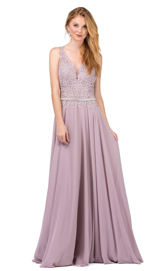Dancing Queen - 2161 Beaded Lace V-neck A-line Prom Dress in Brown