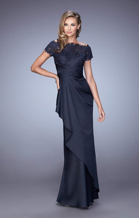 La Femme - 21620 Elegant Lace Ruffle Accent Evening Gown In Black and Blue