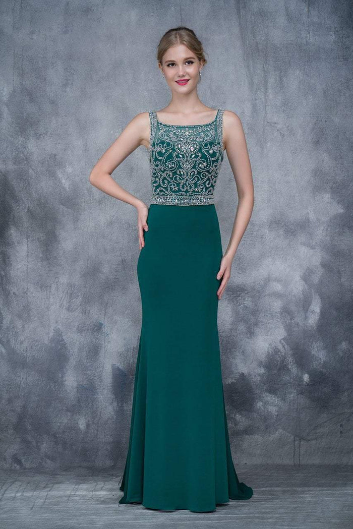 Nina Canacci - 2166 Bejeweled Illusion Bateau Sheath Dress In Green