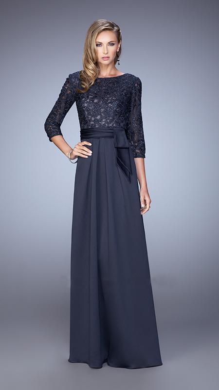 La Femme - Lace Embellished Quarter Length Sleeves Dress in Blue