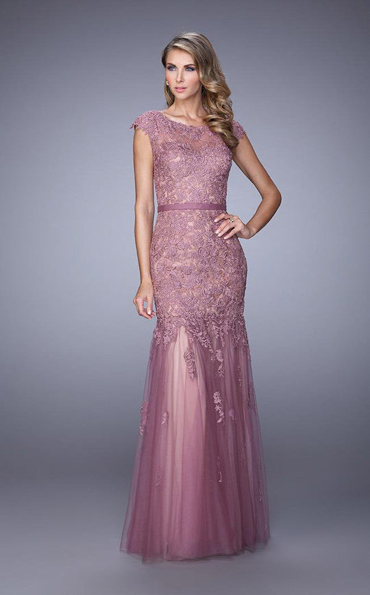La Femme - 21677 Illusion Bateau Lace Trumpet Dress In Pink and Purple