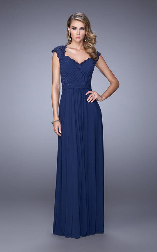 La Femme - 21685 Ruched V Neck Cap Sleeves Sheath Long Gown In Blue