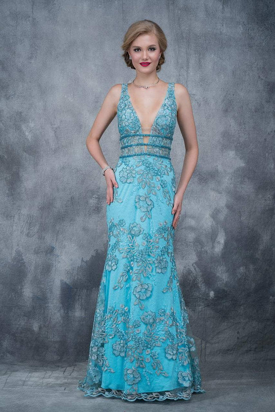 Nina Canacci - 2169 Embroidered Deep V-neck Sheath Dress In Green