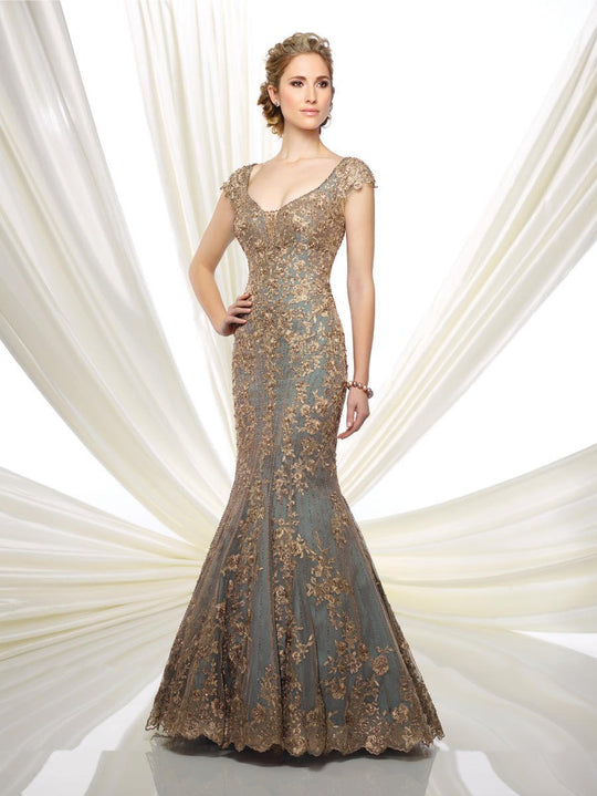 Montage, Ivonne D by Mon Cheri - 216D44W Beaded Lace Mermaid Dress In Brown and Blue