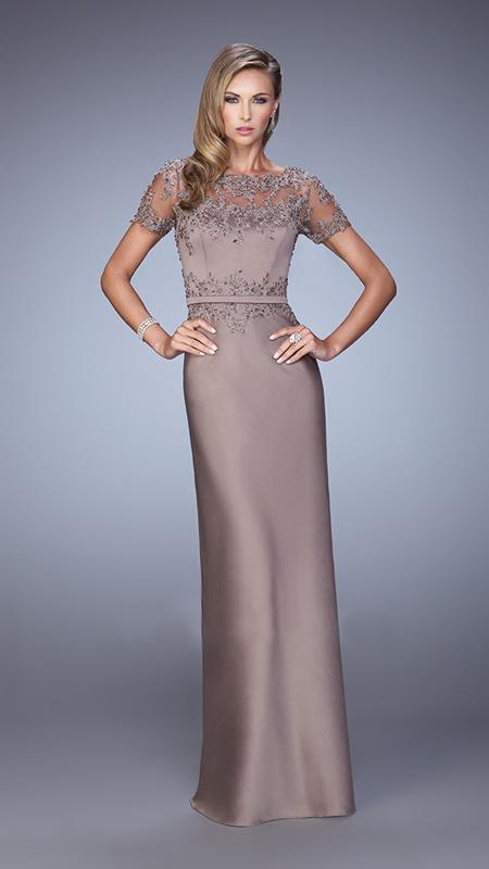 La Femme - Beaded Short Sleeves Evening Gown in Brown