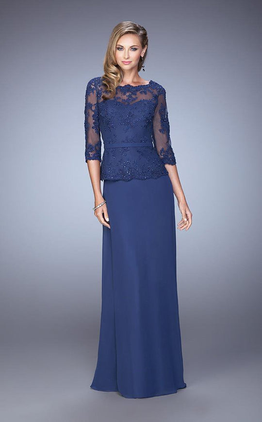 La Femme - Floral Lace Bateau Quarter Length Sleeves Long Dress 21709 in Blue