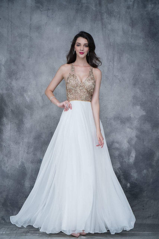 Nina Canacci - 2170 Gold Embroidered Halter A-line Dress In White and Neutral