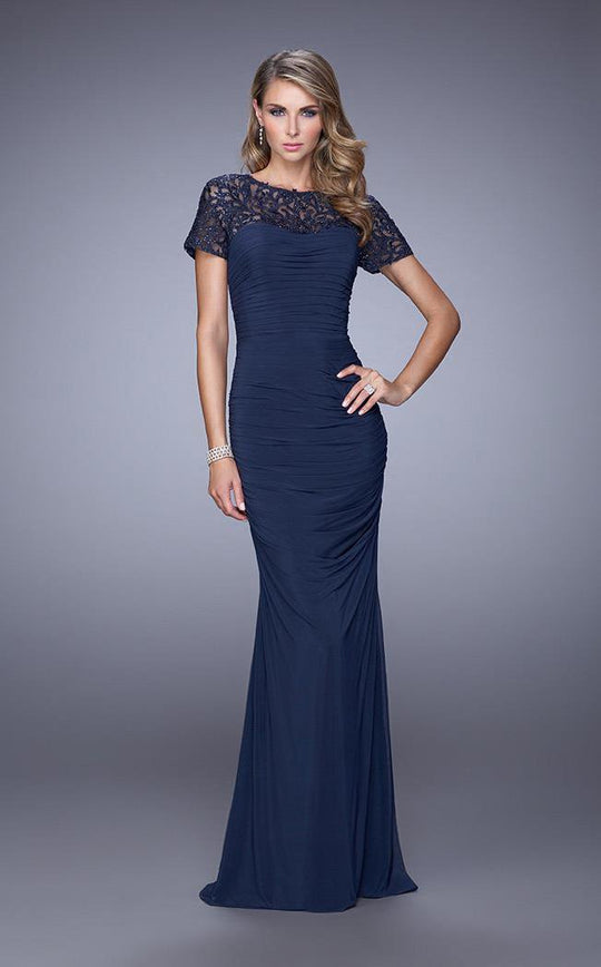 La Femme - 21713 Laced Bateau Neck Sheath Dress In Blue