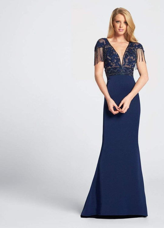 Ellie Wilde - EW21718 Beaded V-neck Sheath Dress in Blue