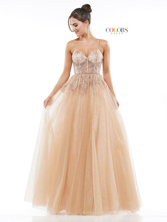 Colors Dress - 2171 Embroidered V-neck Mesh Ballgown In Gold