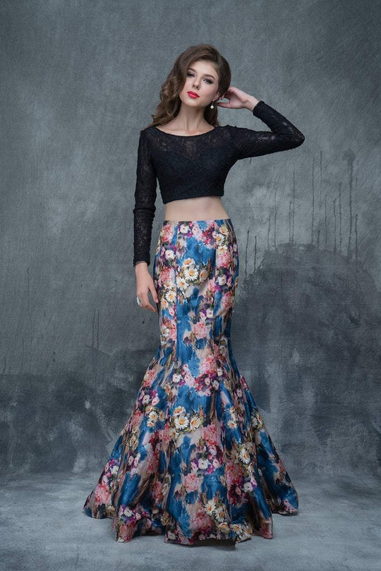 Nina Canacci - 2173 Two-Piece Long Sleeve Contrast Evening Dress In Black and Print