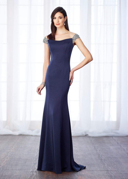 Cameron Blake - 217633 Beaded Bateau Neck Sheath Dress in Blue