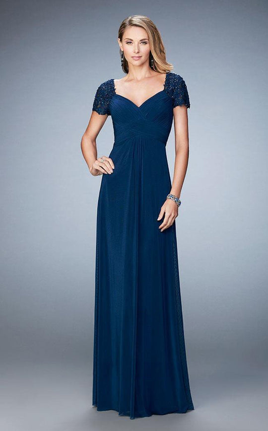 La Femme - Ruched V-Neck Column Dress 21765 - 1 pc Navy in Size 10 Available