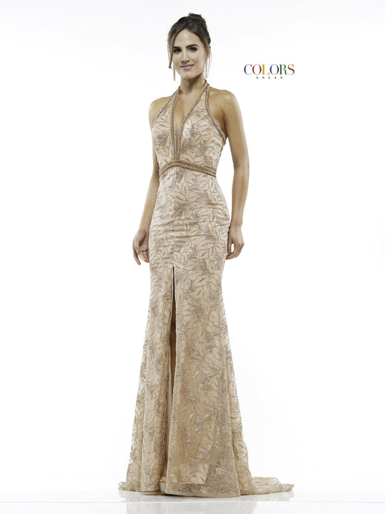 Colors Dress - 2176 Lace Deep Halter V-neck Trumpet Dress In Gold
