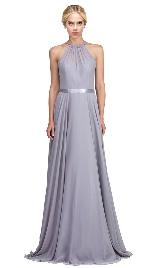 Dancing Queen - 2176 Illusion High Halter Chiffon A-Line Prom Gown In Silver